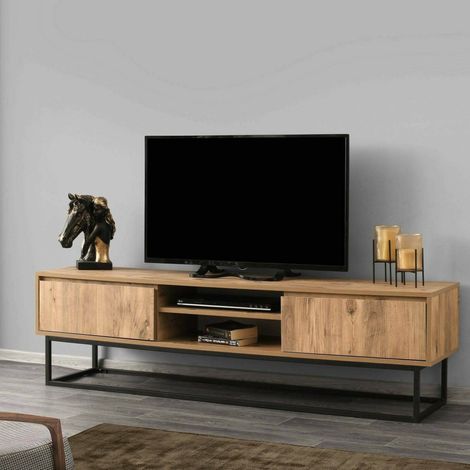 Dmora - Fernsehschrank Themis, Ständer für Wohnzimmerfernseher, Niedriges Wohnzimmer-Sideboard, TV-Ständerbasis, 180x40h50 cm, Schwarz und Eiche, mit verstärkter Verpackung (1/5)