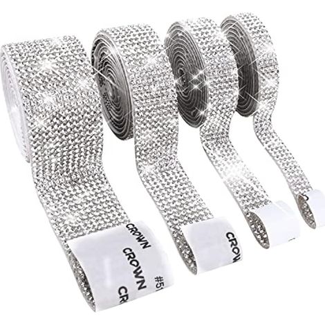 4 Rouleaux Ruban Diamant Argenté Strass, 3,6 Yards Bande Autocollante Cristal Brillant Accessoires Maison, Autocollants Photo sur Papier Peint Pailletté pour Chambre, Vêtements, Fête, Téléphone, DIY D