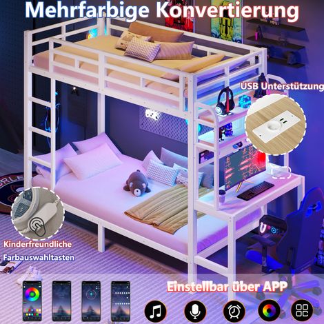 Lit superposé 90x200 cm en métal avec bureau intégré, rangement, éclairage LED, port USB, barrière protectrice, échelle, sans matelas, blanc (1/5)