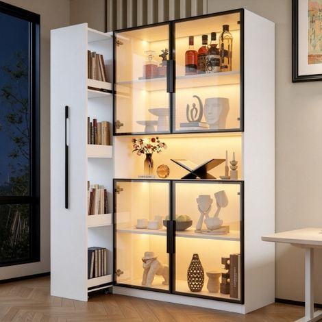 Vetrina in vetro 110×35×160 cm, bianca con illuminazione a LED – con ripiani estraibili, vetrina verticale con cassetti e soluzioni di contenimento versatili per soggiorni, cucine e uffici. (1/5)