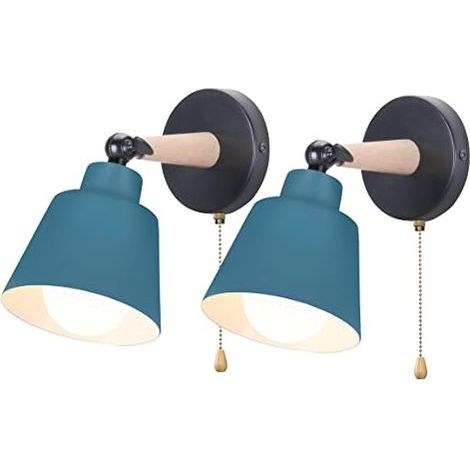 Lot de 2 Applique Murale Rétro Vintage E27 Luminaire Plafonnier Industriel en Bois Métal Réglable Lampe Murale Interieur avec Interrupteur Applique Moderne pour Chambre Entrée Salon(Bleu Oxford) (1/5)