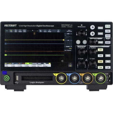 Oscilloscope numérique VOLTCRAFT DOV2504F LA 250 MHz 4 canaux 1.25 Géch/s 100 Mpts 12 bits mémoire numérique (DSO), générateur de fonction, anal Y374053