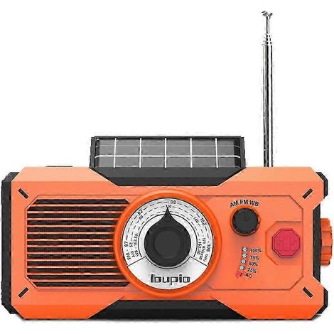Radio solaire à manivelle AM/FM/météo 5000 mAh avec batterie externe, alarme SOS et lampe torche d'urgence. WHBYV (1/4)