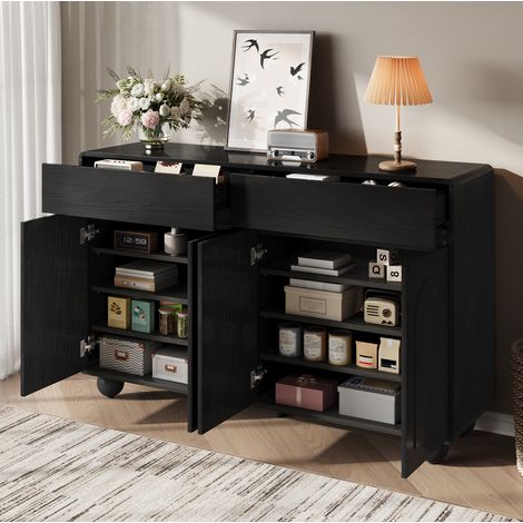 Credenza 140x38x89 cm nera in MDF e PB con ante ad arco, 2 cassetti e 4 ante (1/5)