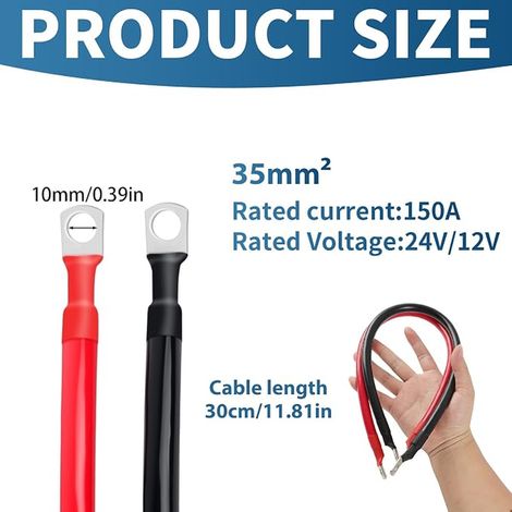 30cm 35mm² Car Battery Cables 12V Battery Inverter Cable 2AWG Inverter Cable Terminals M10 Car Battery Cable Inverter Cable Auto (1/4)