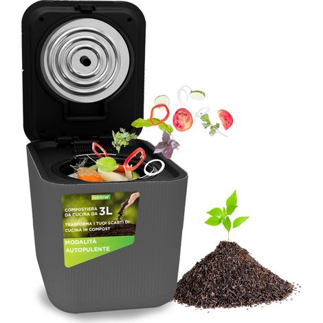 NutriChef Compostiera da Cucina, Compostiera Elettrica 3 Litri, Bidone Umido per Cucina, Pattumiera Umido con Asciugatura, Frantumazione e Raffreddamento, Grigia (1/5)