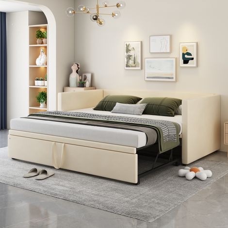 Canapé Lit 90x200cm Extractible - Convertible en Lit Double 180x200cm - Tiroir Gigogne Escamotable - Sans Matelas - Beige (1/5)