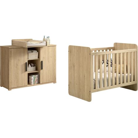 MARCO - Chambre Bébé Lit 60x120cm + Meuble à langer Aspect Chêne clair