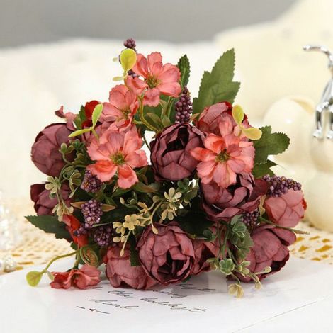 Bouquet de pivoines artificielles - - Style vintage - 2 bouquets - Rouge grange champêtre - Pivoines en soie (1/5)