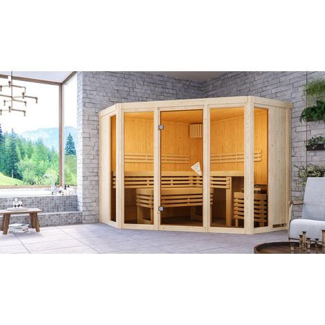 Karibu Innensauna Alcinda 2 Ganzglas Innensauna 3 Sitzbänke aus Holz , Saunakabine mit 68 mm Wandstärke, Dampfsauna mit Montagematerial Naturbelassen