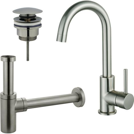 Fortifura Calvi Kit robinet lavabo - robinet haut - bec rotatif - bonde clic clac - siphon design - Inox brossé PVD (1/2)