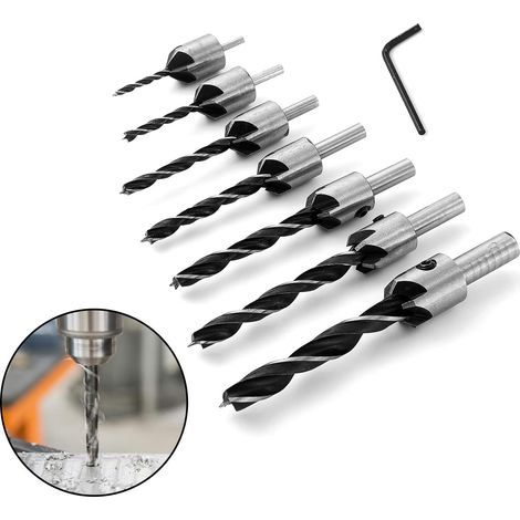 7 pcs Foret Bois avec Fraise HSS Alésoirs de menuiserie Carottage Chanfrein Mèche à tête fraisée avec fraisage et butée de profondeur Jeu de forets à fraiser 90°Mèches à bois hélicoïdales (3-10 mm) (1/5)