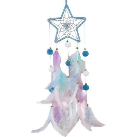 Suspension décorative en forme d'étoile ornée de plumes, en coton et fil, avec perles, multicolore, 65 x 15 cm (1/5)