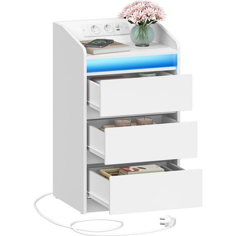 Comodino con 3 Cassetti, Tavolino con Stazione di Ricarica LED, 2 Prese CA e 2 Porte USB per Camera da Letto, Soggiorno, Bianco (1/5)