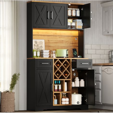 Credenza da cucina alta con illuminazione a LED RGB, porte USB, vani portaoggetti multifunzionali, 105x40x180 cm, MDF naturale e nero (1/5)
