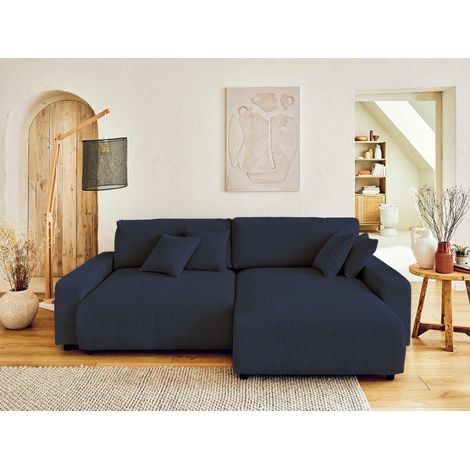 Pivoine – ecksofa beidseitig montierbar– 4-sitzer– schlaffunktion mit bettkasten – aus cord - nachtblau