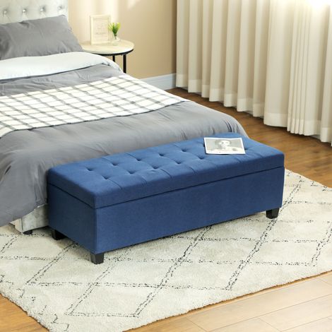 Banc de rangement. Pouf. Banc d'entrée. Capitonnage à boutons. 125,1 cm x 48,9 cm x 41,3 cm. Bleu
