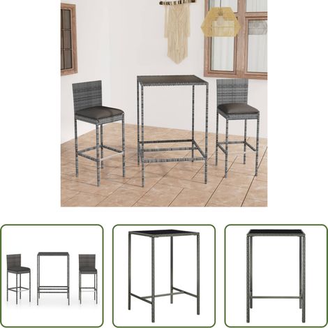 vidaXL Barhocker - 3-tlg. Gartenbar-Set mit Kissen Poly Rattan Grau (1/5)