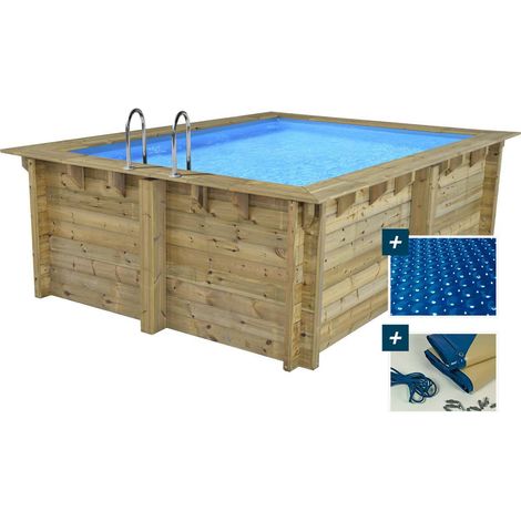 Habitat Et Jardin – Piscine bois rectangle 4.10 x 3.00 x 1.39 m – Bâche à bulles 180 µ – Bâche hiver 280 g/m² – Kit hors sol en pin traité autoclave IV