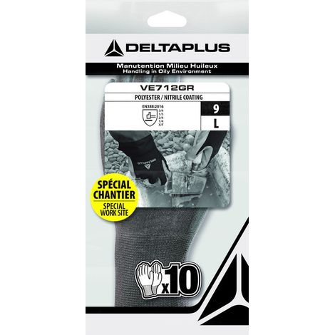 Guantes de Medio Aceitoso de Punto Revestido Gris Bolsa de 10 - Delta Plus