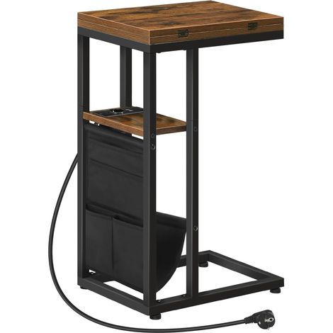 Table d’Appoint en Forme de C, Table Basse Pliant avec Station de Charge et Pochette de Rangement, Bout de Canapé, pour Salon, Chambre, Marron Rustique et Noir EBF101CSF01 (1/5)