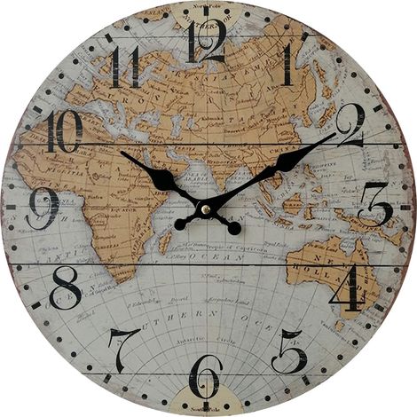 Rebecca Mobili Orologio a Muro Mappamondo Mdf Marrone Grigio Stile Retro per Cucina