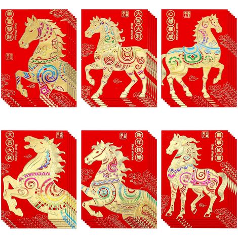 36pcs Enveloppes Rouges pour le Nouvel An Chinois 2026, 11,5x8cm Hong Bao Nouvel An Lunaire 6 Motifs Porte-Bonheur pour L'argent Fête Printemps les Mariages Anniversaires et (Style 1) (1/5)