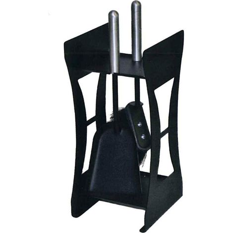Porta attrezzi camino acciaio nero manico alluminio 2 accessori h. 40 cm. l. 17 x 18 cm.  Made in Italy
