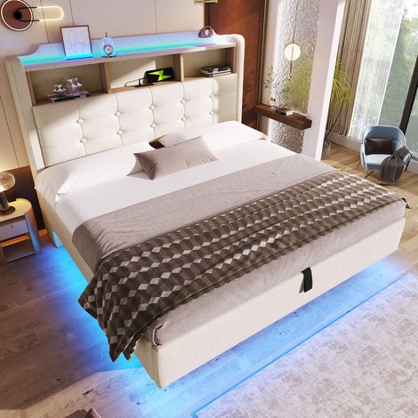 Lit coffre rembourré 140x200 cm beige en lin avec LED, rangement hydraulique, tête de lit avec rangements, ports USB et USB-C, sommier inclus, sans matelas (1/5)