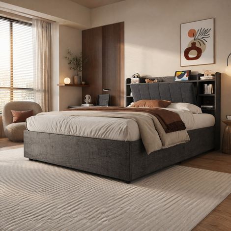 Letto matrimoniale 180x200 cm in MDF grigio con contenitore, senza materasso - FLORAGRACE (1/5)
