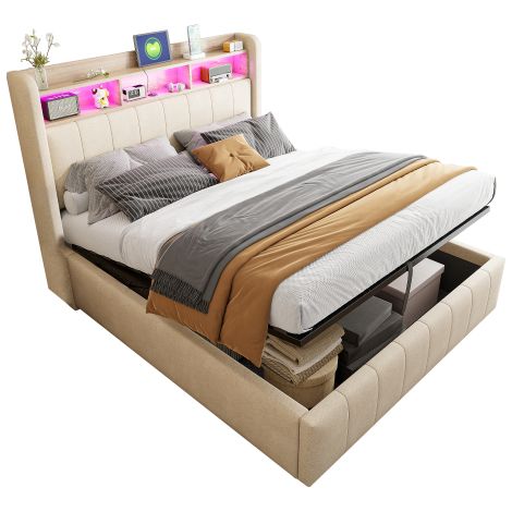 Lit capitonné 140200cm avec éclairage LED et prise USB,tête de lit avec étagères et rangements,avec hydraulique pour rangement,lit double adulte,tissu lin beige (1/5)