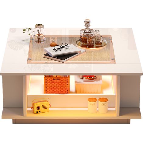 Table basse carrée 70×70 cm –Blanc –Verre –Laqué brillant –LED –Rangement –Charge 30 kg –Pour salon moderne (1/5)