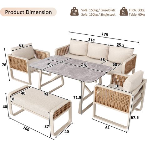 ELVMI Salotto da Giardino con 2 Poltrone, 1 Divano 3 Posti, 1 Panca e 1 Tavolo, Rattan PE, Beige (1/4)