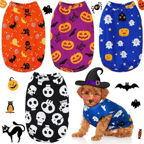 Costume d'Halloween pour chien 4 pièces - Vêtements pour chien - Motifs citrouille, fantôme, chauve-souris et squelette - Doux et respirant - Idéal pour les fêtes et Halloween (1/5)