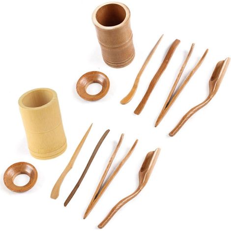 Ensemble de 6 ustensiles pour la cérémonie du thé : cuillères à thé en bambou, pince à thé, passoire, tube. (1/4)