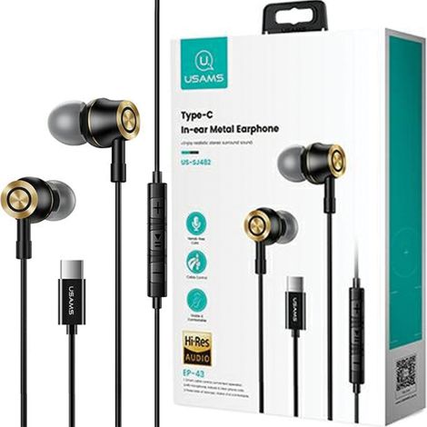 Cuffie stereo Usams EP-43 in metallo con USB-C, colore nero/nero, modello HSEP4301 (1/5)