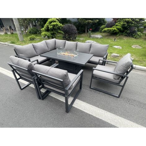 Fimous Aluminum Outdoor Garden Furniture Set Corner Sofa 3 PC Chairs Gas Fire Pit Dining Table Set Gas Heater Burner Dark Grey 8 Seater (1/5)