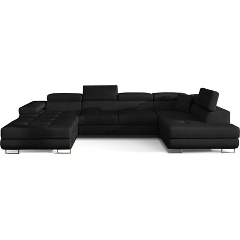 Canapé panoramique convertible ROMANO velours - Rangement et appuie-têtes réglables à gauche-Noir-Coffre à gauche (1/5)