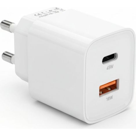 Caricatore Usb Doppio 45W USB-C USB-A Spina Alimentatore Ricarica Veloce