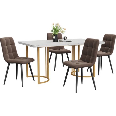 Ensemble de salle à manger 5 pièces, table à manger avec 4 chaises, ensemble de table de cuisine moderne, table de cuisine 140×80 cm avec pieds en métal doré, plateau en MDF blanc, chaises de salle à