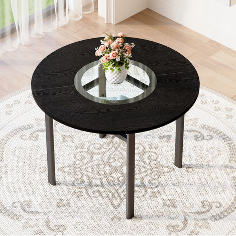 Tavolo da pranzo rotondo moderno 100 cm, piano nero effetto legno, vetro grigio, metallo (1/5)