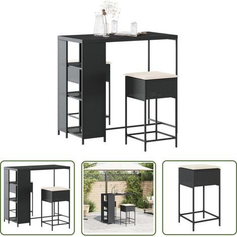 The Living Store Ensemble de bar de jardin 3 pcs avec coussins noir poly rotin - Meubles De Jardin - Salon De Jardin - Set De Jardin - Table Basse - Chaises De Jardin (1/5)