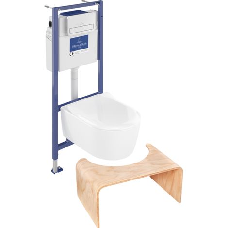 Pack WC sans bride VILLEROY ET BOCH Avento + Bâti support + abattant frein de chute + plaque chromée mat  + Tabouret bois