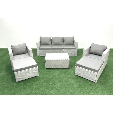 Fimous 7 Seater Rattan Garden Furniture Set with 3 Seater Sofa 2 Chair Rectangular Coffee Table 2 Big Footstools Light Grey Mixed (1/4)
