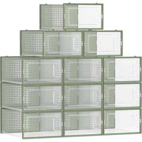 Set of 18 Shoe Boxes, Foldable, Transparent and Olive Green, For Size 44, Storage (1/5)