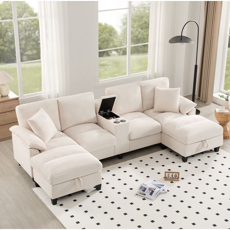 U-förmiges Sofa 293x142x93 cm Beige Cord mit Stauraum, USB-Anschlüssen und Getränkehaltern (1/5)