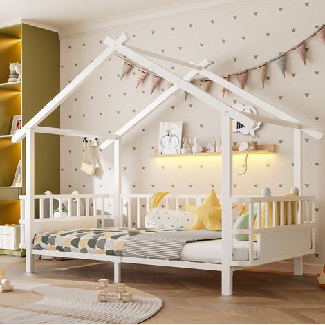 Kinderbett 90 x 200 cm aus Metall, Hausform, mit Sicherheitsumrandung, Weiß HAVRYA (1/5)