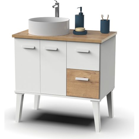 Meuble vasque pour salle de bain vasque coloris blanc, chêne - Longueur 82 x Profondeur 50 x hauteur 80 cm -PEGANE- (1/3)