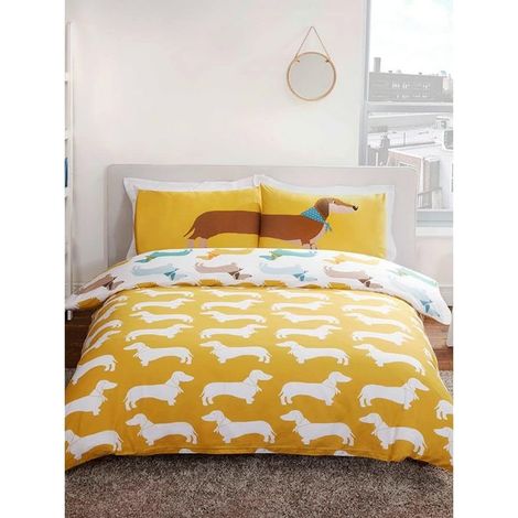 Housse de Couette réversible en Polycoton Motif Teckel Ocre 3 pièces Double (1/5)