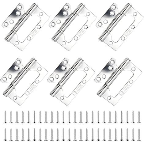 Lot de 6 charnières de porte en acier inoxydable de 10,2 cm, charnières à roulement à billes très résistantes pour portails en bois, placard, fenêtres, extérieur et intérieur, avec 48 vis (argenté) (1/5)